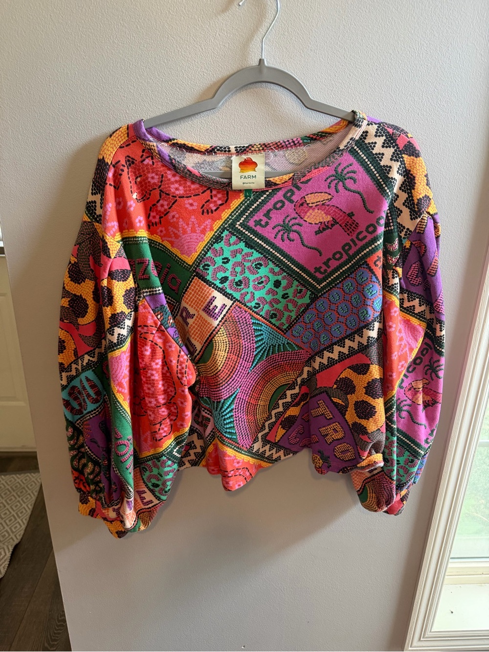 FARM Rio Vibrant Patchwork Printed Long Sleeve Top - Pink, Purple, Orange, Green